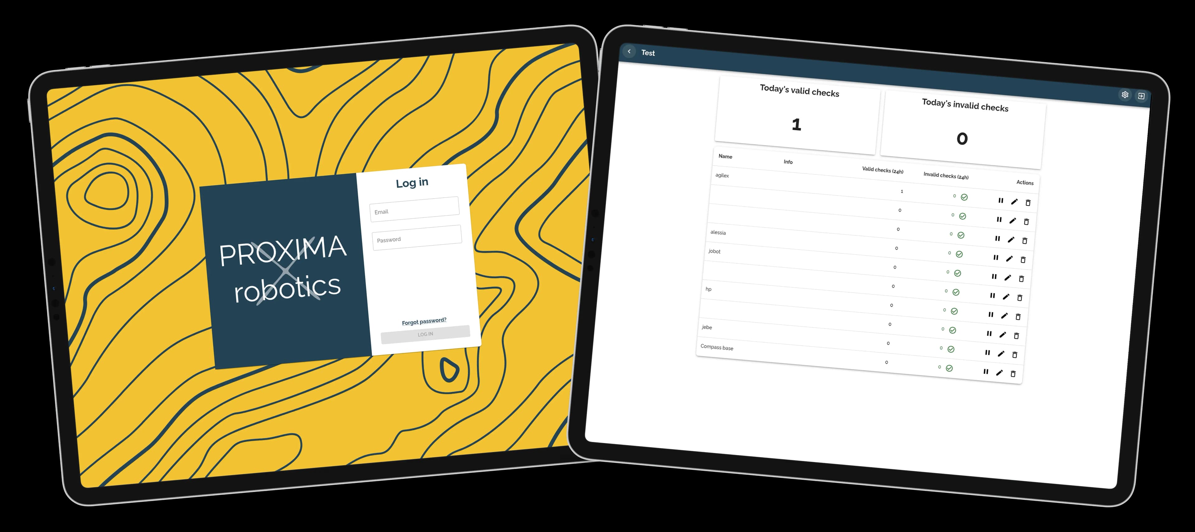 La piattaforma di licensing Proxima Robotics su due schermi tablet