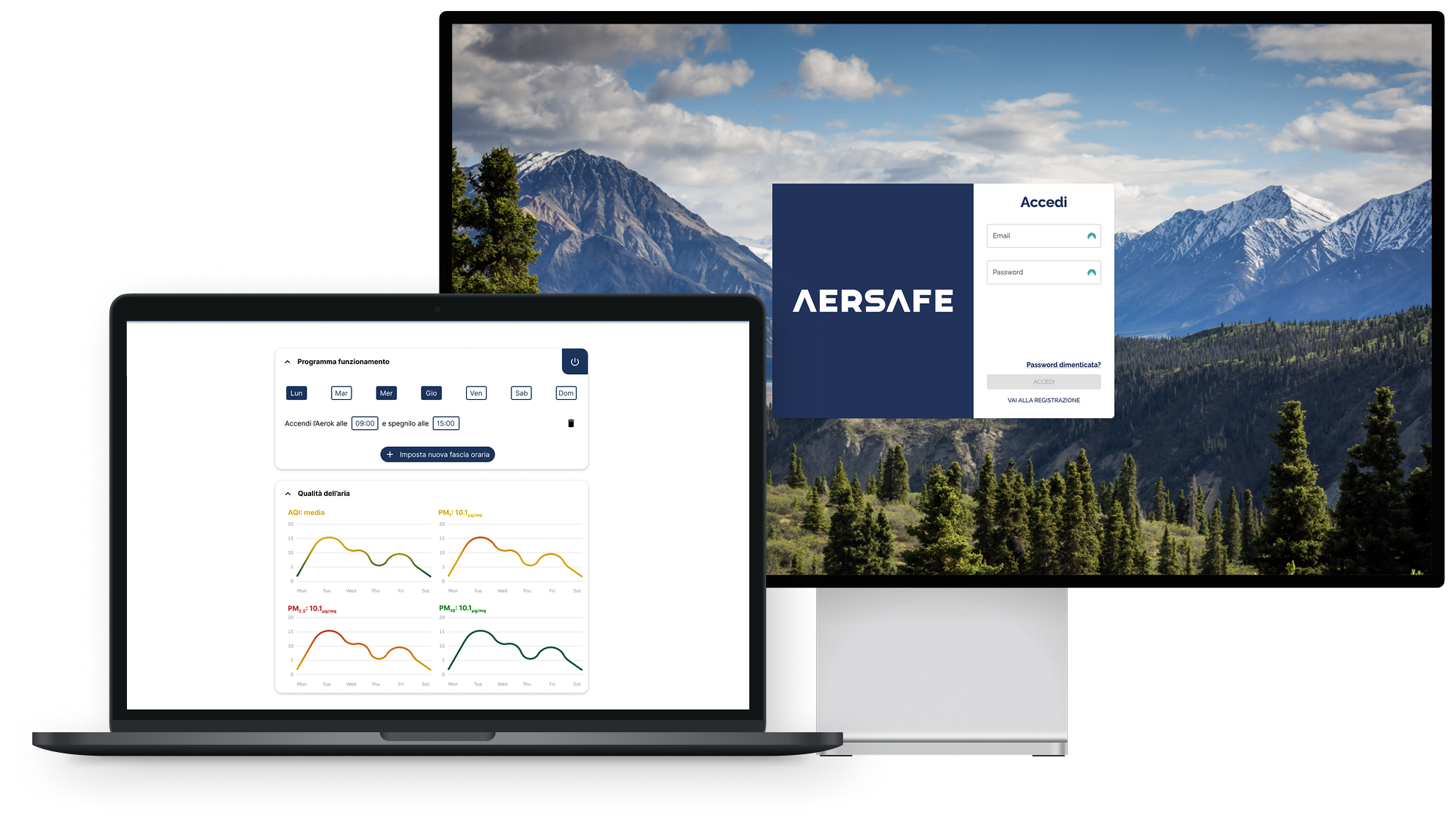 Aersafe air-quality platform displayed on a desktop monitor and laptop