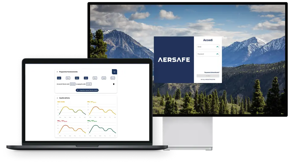 Aersafe air-quality platform on a desktop monitor and a laptop