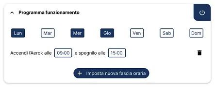 Programmazione settimanale Aersafe: giorni della settimana e orari di accensione e spegnimento