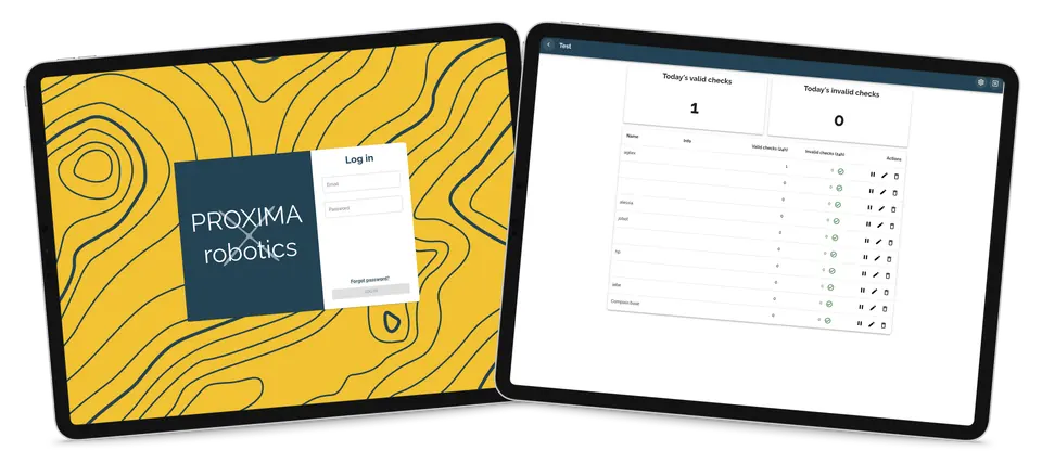 Proxima Robotics license manager on two tablets: the sign-in screen and the robot checks dashboard