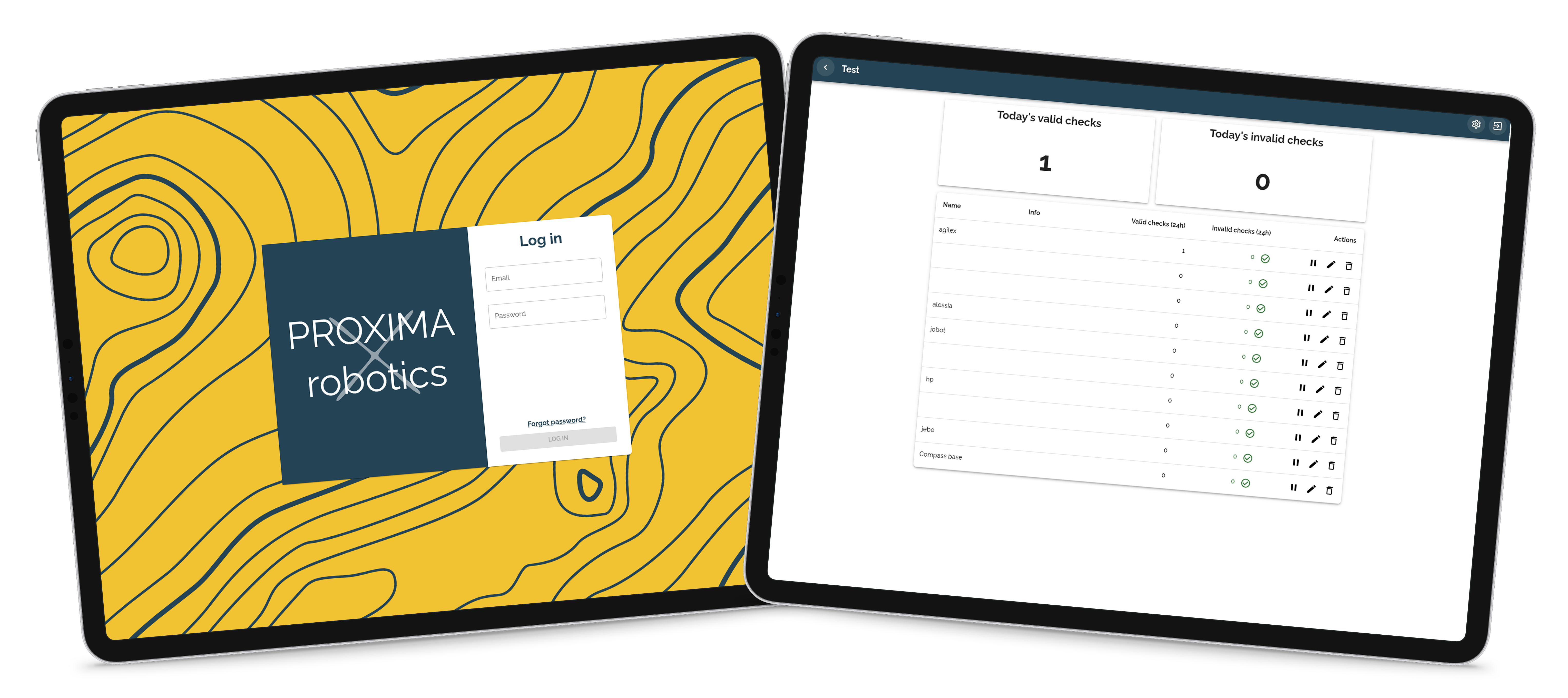 Proxima Robotics licensing platform displayed across two tablet screens
